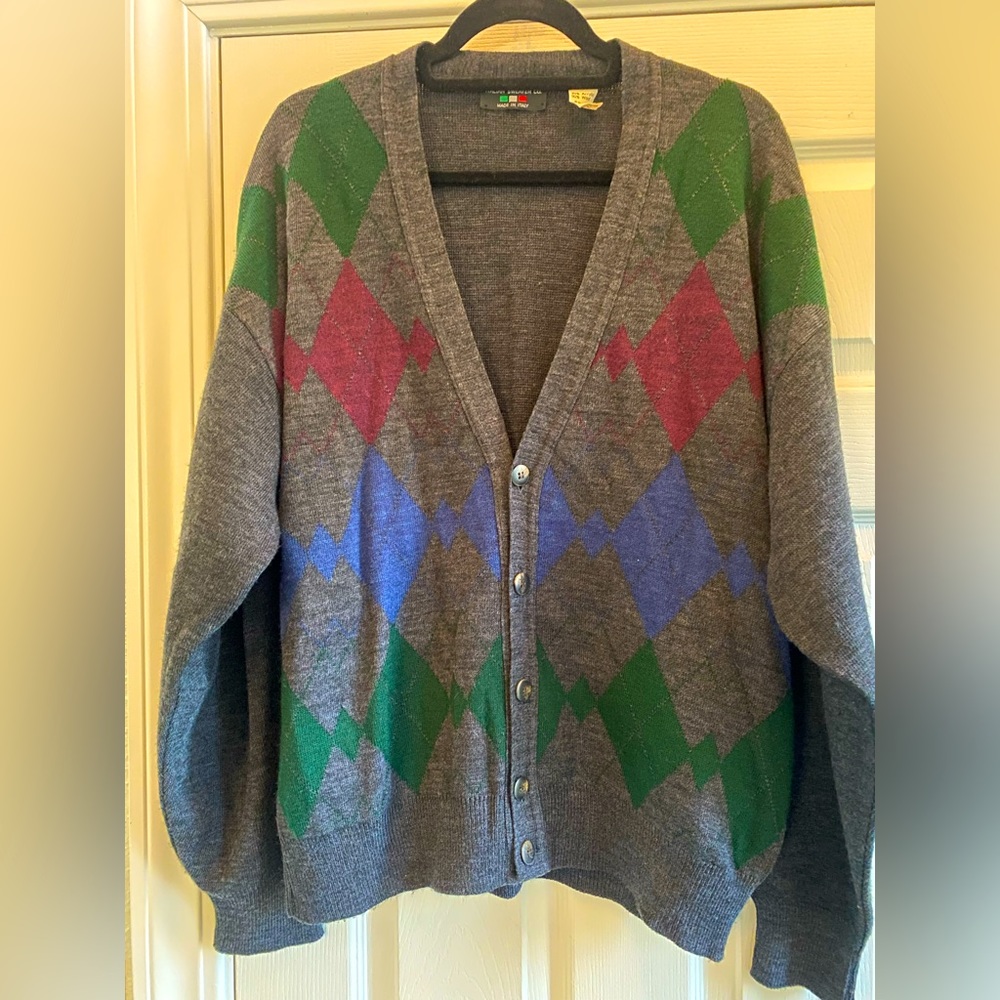 THE ITALIAN SWEATER CO MADE IN ITALY LONG-SLEEVE ARGYLE BUTTON-UP SWEATER-LARGE